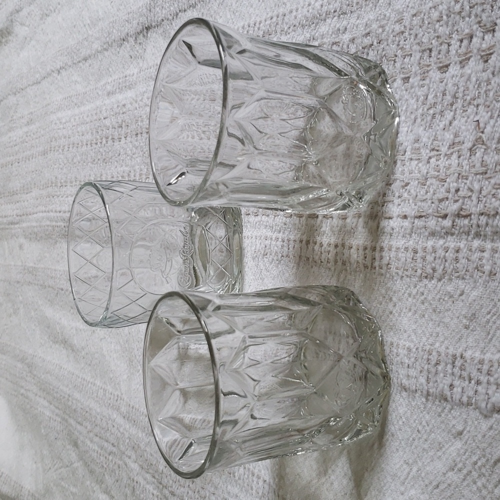 Lot of 3 crown royal whiskey glasses, etched design, matching pair and a single